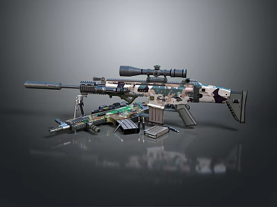 Camouflage Sniper Rifle With High Power Scope Magazines And Tactical Accessories 3d model Camouflage Sniper Rifle With High Power Scope Magazines And Tactical Accessories 3d model