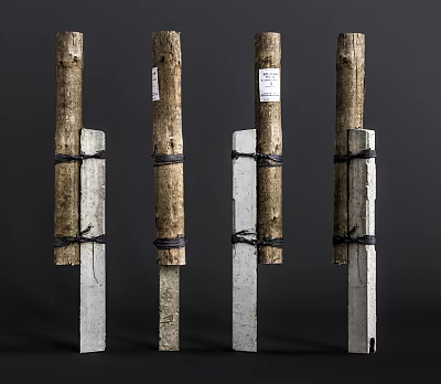 Four Vertical Wooden Columns Secured With Black Straps And White Planks 3d model