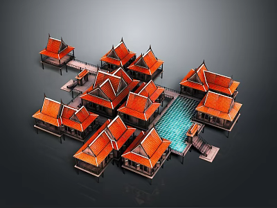 Traditional Ancient Architecture Complex With Red Rooftops Central Pool And Wooden Design 3d model