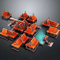 Traditional Ancient Architecture Complex With Red Rooftops Central Pool And Wooden Design 3d model