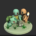 Three Adorable Cartoon Creatures Standing With Green Grass And Rock On Round Platform