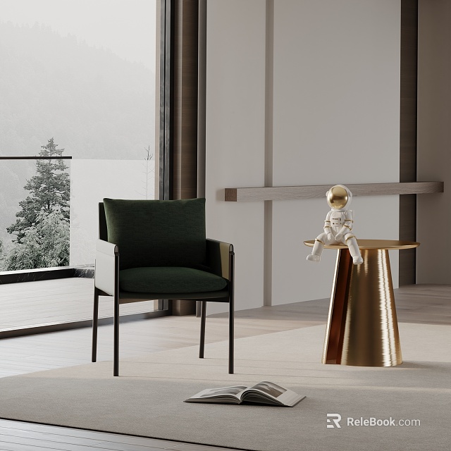 Dark Green Modern Dining Chair In Interior With Gold Side Table And Window Trees Outside 3d model 