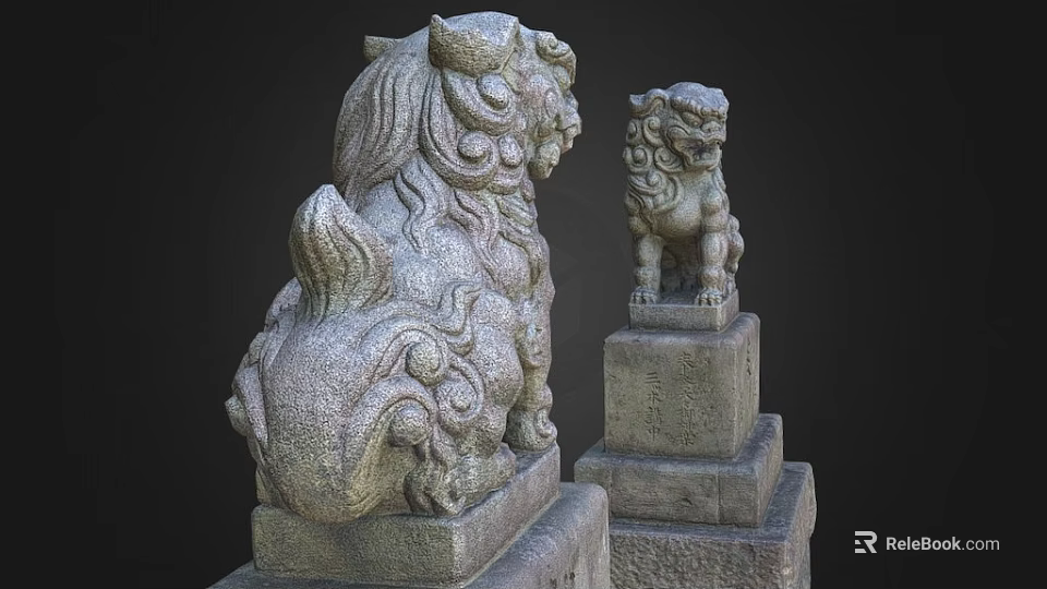 Ancient Traditional Stone Lion Statues With Intricate Carved Details On Pedestals 3d model 