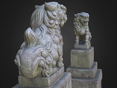Ancient Traditional Stone Lion Statues With Intricate Carved Details On Pedestals 3d model