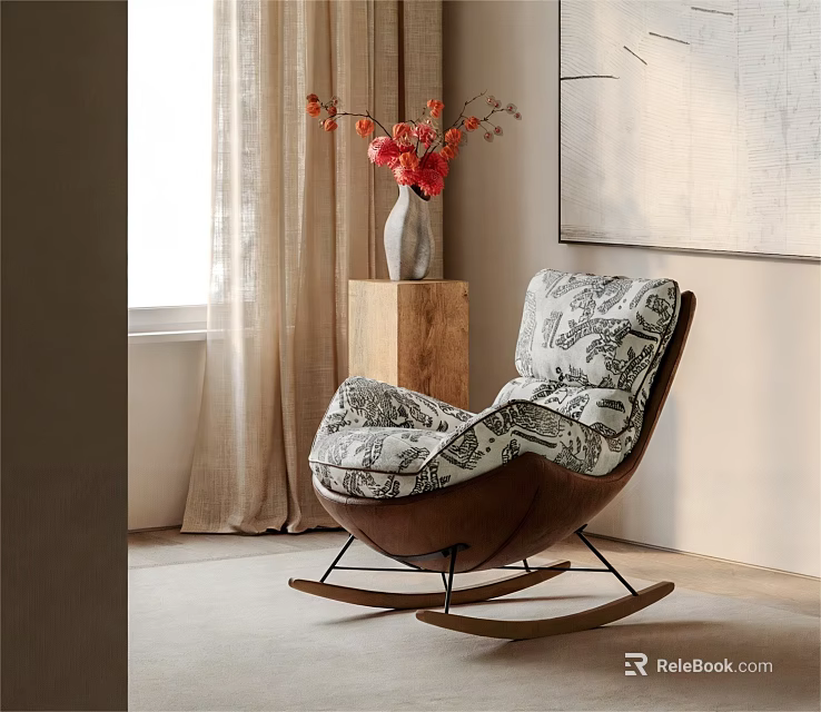 Stylish Patterned Rocking Accent Chair With Wooden Frame And Red Flower Vase Near Window 3d model 