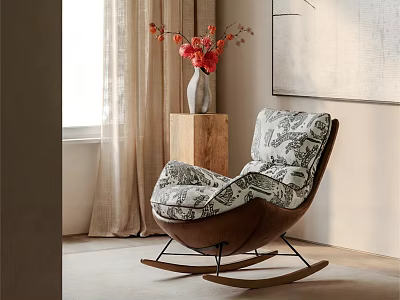 Stylish Patterned Rocking Accent Chair With Wooden Frame And Red Flower Vase Near Window 3d model
