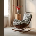 Stylish Patterned Rocking Accent Chair With Wooden Frame And Red Flower Vase Near Window