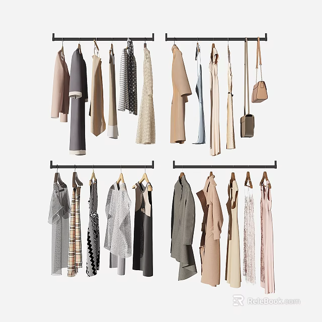 Various Stylish Clothes Hanging On Hangers With Different Styles Colors And Accessories 3d model 