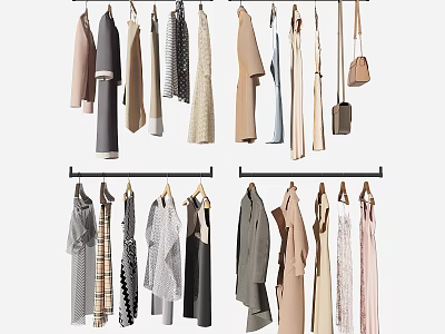 Various Stylish Clothes Hanging On Hangers With Different Styles Colors And Accessories 3d model