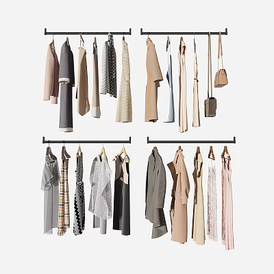 Various Stylish Clothes Hanging On Hangers With Different Styles Colors And Accessories 3d model