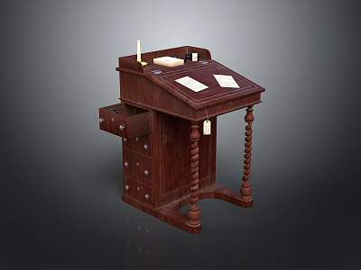 Dark Wooden Writing Desk With Drawers Candle Holder And Papers On Desktop 3d model