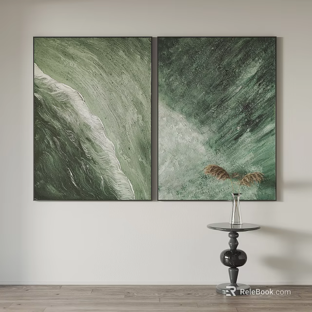 Two Green Abstract Paintings With Textured Waves And Dried Plants Decor 3d model