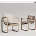 Two Leisure Chairs With Wooden Frame Light Beige Cushion And Perforated Backrest Modern Design