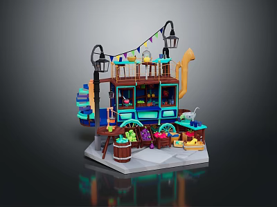 Cartoon Style Food Truck With Colorful Decorations And Lanterns 3d model