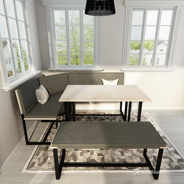 Home Balcony With Window Seating Grey Cushions Wooden Table And Patterned Rug 3d model 