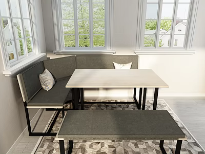 Home Balcony With Window Seating Grey Cushions Wooden Table And Patterned Rug 3d model