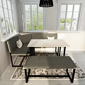 Home Balcony With Window Seating Grey Cushions Wooden Table And Patterned Rug