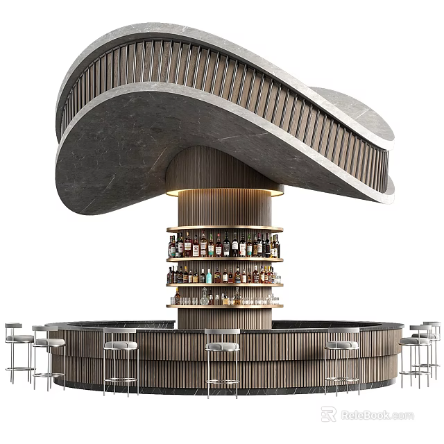 Modern Curved Bar Design With Wooden Structure Stone Countertop And Wine Shelves 3d model 