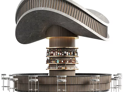 Modern Curved Bar Design With Wooden Structure Stone Countertop And Wine Shelves 3d model
