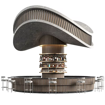 Modern Curved Bar Design With Wooden Structure Stone Countertop And Wine Shelves 3d model