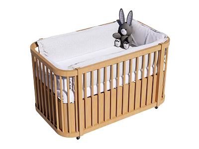 Wooden Baby Crib With Light Wood Slatted Railings White Mattress And Gray Rabbit Toy 3d model