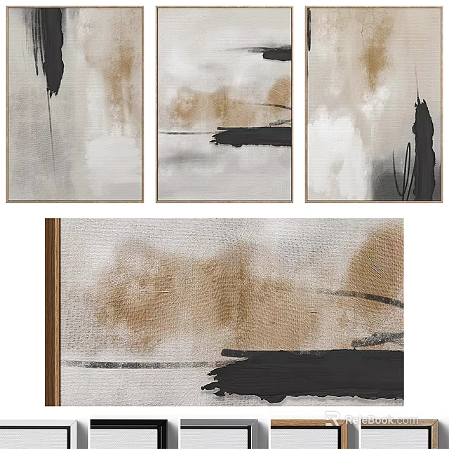 Modern Abstract Wall Art Paintings With Brown Black White Brush Strokes 3d model 