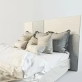 Modern Minimalist Double Bed With Grey Panel Headboard Multiple Grey Pillows And Light Patterned Bedspread 3d model