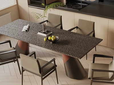 Modern Dining Table Set With Light Chairs Textured Top Fruit Bowl Book And Plant 3d model