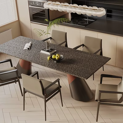 Modern Dining Table Set With Light Chairs Textured Top Fruit Bowl Book And Plant 3d model