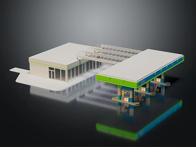 Cartoon Scene Of Gas Station With White Building Green Roof Fuel Pumps And Reflection 3d model
