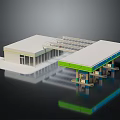 Cartoon Scene Of Gas Station With White Building Green Roof Fuel Pumps And Reflection