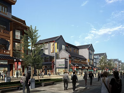 Traditional Style Commercial Street With Walking Pedestrians Storefronts And Lush Green Trees 3d model