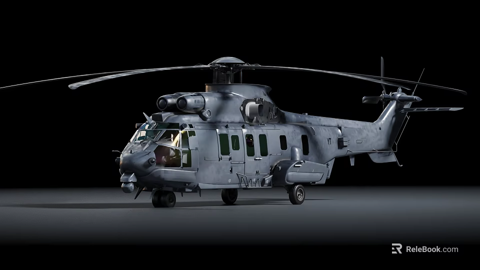 Military Transport Helicopter With Gray Body Rotor Blades Cockpit And Landing Gear 3d model 
