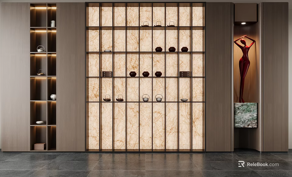 Modern Wooden Tea Cabinet With Glass Doors And Teapots In Elegant Interior Design 3d model 