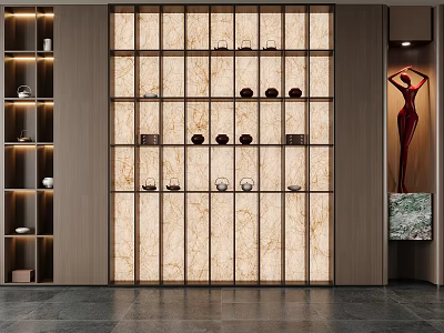 Modern Wooden Tea Cabinet With Glass Doors And Teapots In Elegant Interior Design 3d model