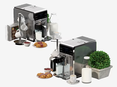 Modern Kitchen Appliances Featuring Espresso Machine With Milk Cups Pastries And Green Plant 3d model