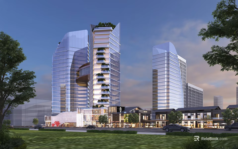Modern Office Building Design With Glass Facade High-Rise Structure Greenery And Surrounding Low-Rise Buildings 3d model 