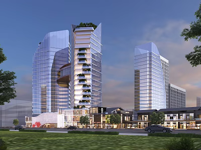Modern Office Building Design With Glass Facade High-Rise Structure Greenery And Surrounding Low-Rise Buildings 3d model