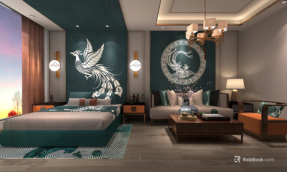 Elegant Chinese Style Hotel Guest Room With Phoenix Design Teal Wall And Chandelier 3d model 