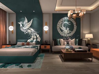Elegant Chinese Style Hotel Guest Room With Phoenix Design Teal Wall And Chandelier 3d model