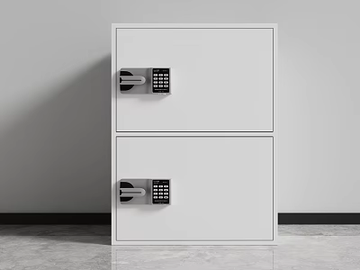 White Two Tiered Chest of Drawers With Digital Keypad Locks Against Gray Wall 3d model