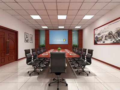 Modern Conference Room Interior With Long Table Black Chairs Projection Screen And Decorative Paintings 3d model