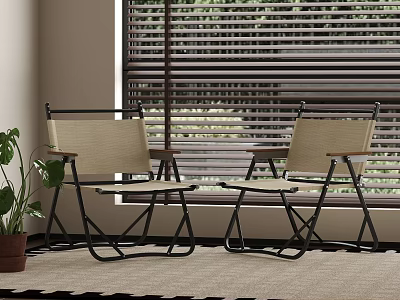 Two Leisure Chairs With Metal Frame Fabric Seat By Window With Blinds And Indoor Plant 3d model