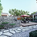 Traditional Garden Landscape With Wooden Deck Stone Flooring Outdoor Furniture Red Umbrella And Green Plants