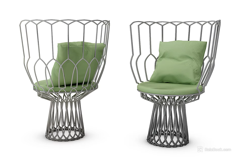 Modern Leisure Chairs With Metal Hollow Frame And Green Cushions For Comfortable Seating 3d model 