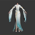 Elegant Traditional White Dress With Blue Accents And Flowy Long Sleeves