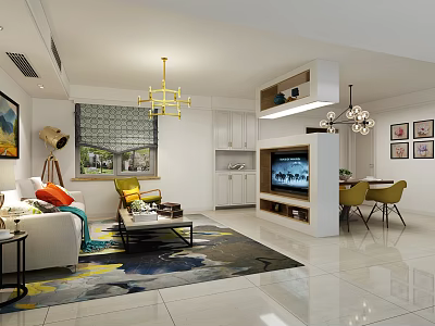 Modern Living Dining Room Interior With White Sofa Dining Table And Decorative Chandeliers 3d model