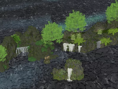 Garden Decorative Landscape with Rocky Outcrops Trees Waterfalls Flowing Water and Lush Greenery 3d model