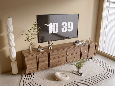 Modern Wooden Entryway Cabinet Sideboard With Decorative Plants Drawers And Area Rug Near Floor Lamp 3d model