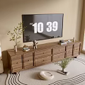 Modern Wooden Entryway Cabinet Sideboard With Decorative Plants Drawers And Area Rug Near Floor Lamp